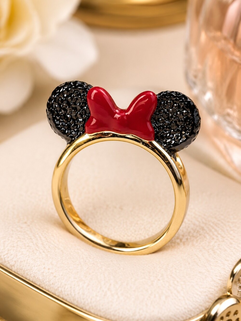 Disney x Kate Spade Minnie Mouse Ring Size 7 NWT Gold Tone Black Glitter